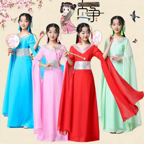 Children Fairy dresses hanfu guzheng chorus costume classical  piano performance costume erhu performance costume long skirt